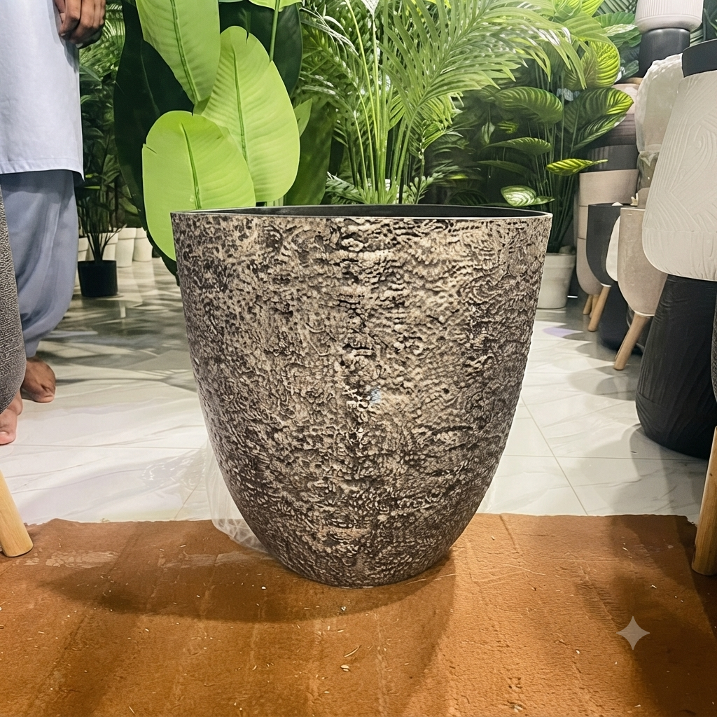 Rustic Bark-Textured Fiberstone Planter