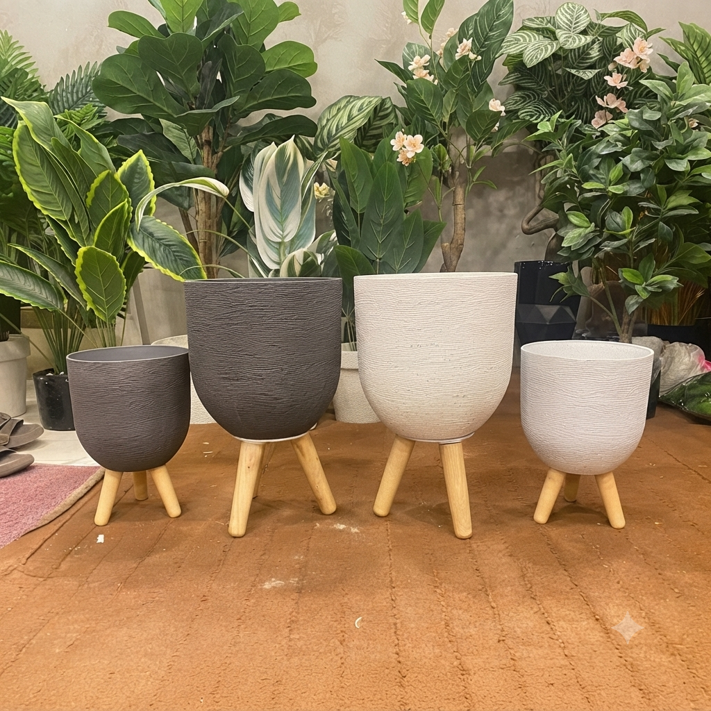 Nordic Wood-Legged Textured Planter Set
